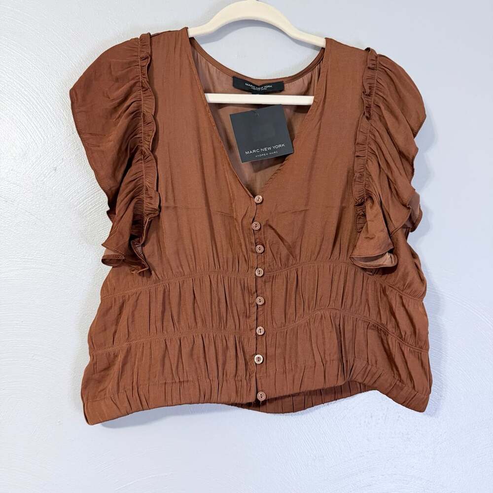 Marc New York Women's Tortoise Shell V-neck Button-Front Ruffle Sleeve XL